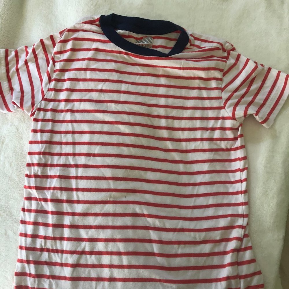 Old Navy, White and orange striped T-shirt with blue collar Boys Small(6-7)